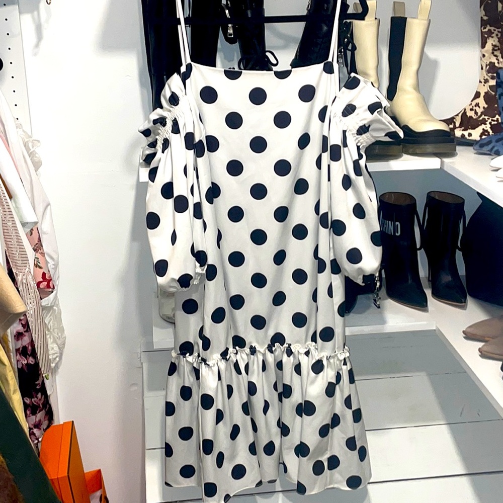 White and Black polka dot off shoulder dress. Size Large